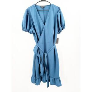ELOQUII Dress Size 22 NEW Wrap Ruffle Blue Plus Curvy Puff Sleeve Cocktail Work